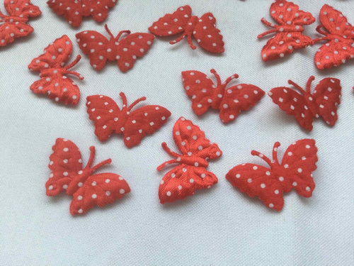 Pack of 25 Red and White Polka dot fabric butterfly embellishments, 4cm