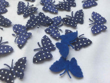 Load image into Gallery viewer, Pack of 25 Blue and White Polka dot fabric butterfly embellishments, 4cm