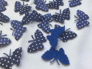 Pack of 25 Blue and White Polka dot fabric butterfly embellishments, 4cm