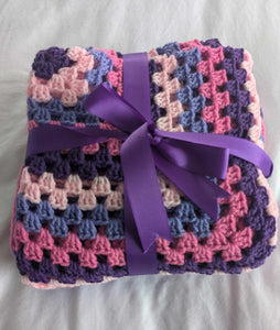 Hand crochet granny square blanket Pink & Purple,, throw, picnic, lap, bed