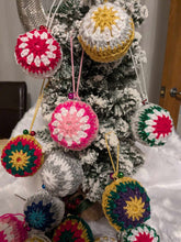 Load image into Gallery viewer, Hand crochet Christmas baubles, tree decoration x 6 picked at random, sparkle +bells