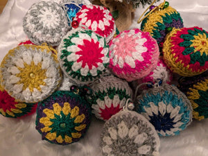 Hand crochet Christmas baubles, tree decoration x 6 picked at random, sparkle +bells