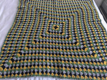 Load image into Gallery viewer, Hand crochet granny square blanket black, grey, green and mustard throw, picnic, lap, bed