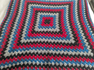 Hand crochet granny square blanket Black Red Blue Grey, throw, picnic, lap, bed