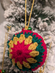 Hand crochet Christmas baubles, tree decoration x 3 red, green and gold, sparkle +bells