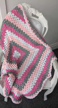 Load image into Gallery viewer, Hand crochet granny square blanket Pink, White and Grey throw, picnic, lap, bed