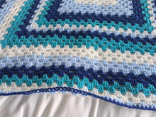 Load image into Gallery viewer, Hand crochet granny square blanketBlue &amp; White throw, picnic, lap, bed