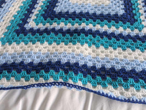 Hand crochet granny square blanketBlue & White throw, picnic, lap, bed