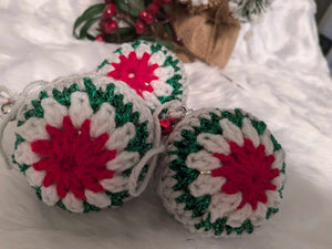 Hand crochet Christmas baubles, tree decoration x 3 red, green and white, sparkle +bells