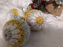 Load image into Gallery viewer, Hand crochet Christmas baubles, tree decoration x 3 Gold, Silver and white, sparkle +bells