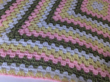 Load image into Gallery viewer, Hand crochet granny square blanket Lemon, Pink, Green and White throw, picnic, lap, bed