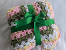 Load image into Gallery viewer, Hand crochet granny square blanket Lemon, Pink, Green and White throw, picnic, lap, bed