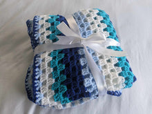 Load image into Gallery viewer, Hand crochet granny square blanketBlue &amp; White throw, picnic, lap, bed