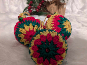 Hand crochet Christmas baubles, tree decoration x 3 red, green and gold, sparkle +bells