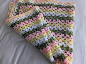 Hand crochet granny square blanket Lemon, Pink, Green and White throw, picnic, lap, bed