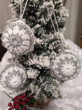 Load image into Gallery viewer, Hand crochet Christmas baubles, tree decoration x 3 silver and white, sparkle +bells (Copy)