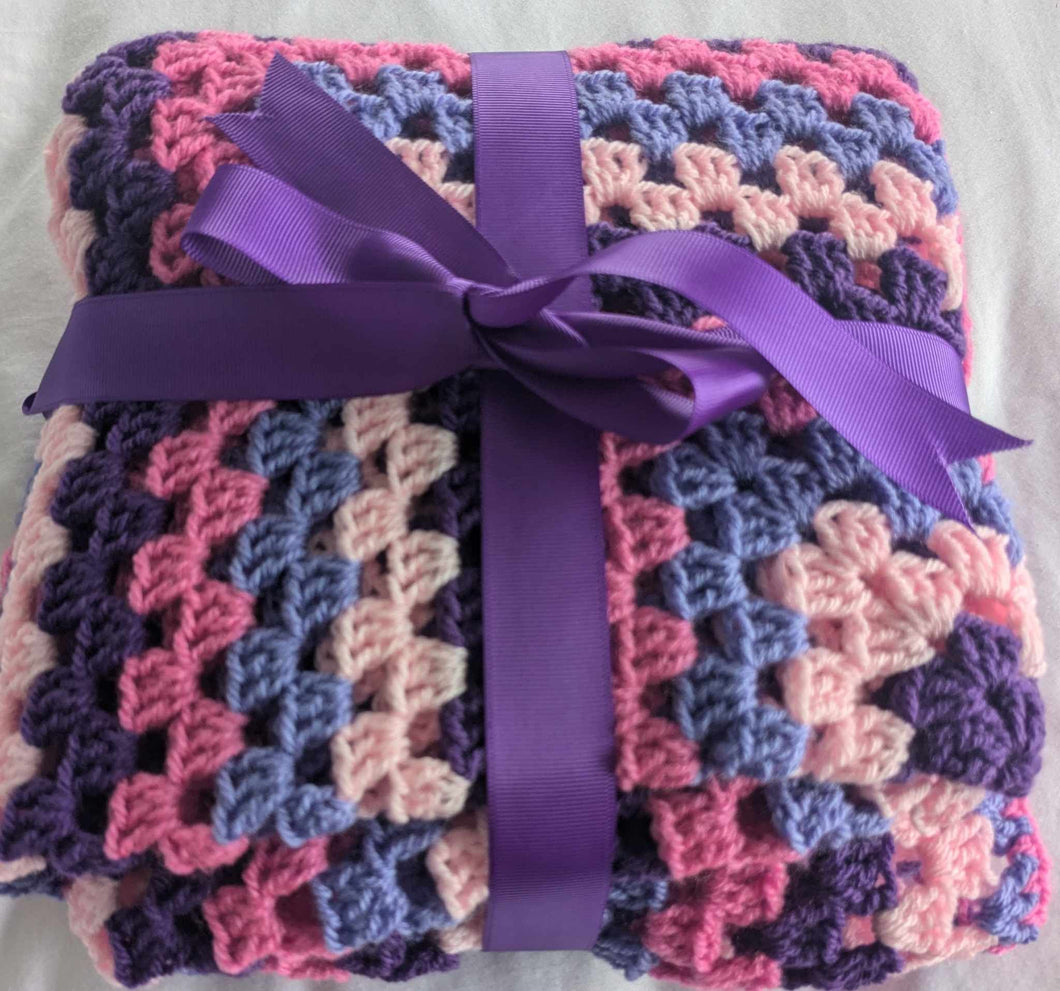 Hand crochet granny square blanket Pink & Purple,, throw, picnic, lap, bed