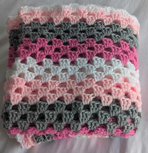 Load image into Gallery viewer, Hand crochet granny square blanket Pink, White and Grey throw, picnic, lap, bed