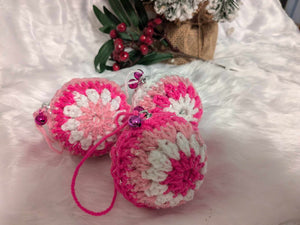 Hand crochet Christmas baubles, tree decoration x 3 pink and white, sparkle +bells