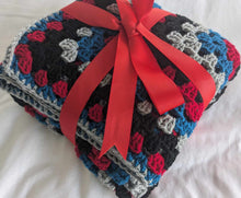 Load image into Gallery viewer, Hand crochet granny square blanket Black Red Blue Grey, throw, picnic, lap, bed