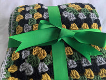 Load image into Gallery viewer, Hand crochet granny square blanket black, grey, green and mustard throw, picnic, lap, bed