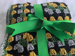 Hand crochet granny square blanket black, grey, green and mustard throw, picnic, lap, bed