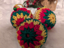 Load image into Gallery viewer, Hand crochet Christmas baubles, tree decoration x 3 red, green and gold, sparkle +bells