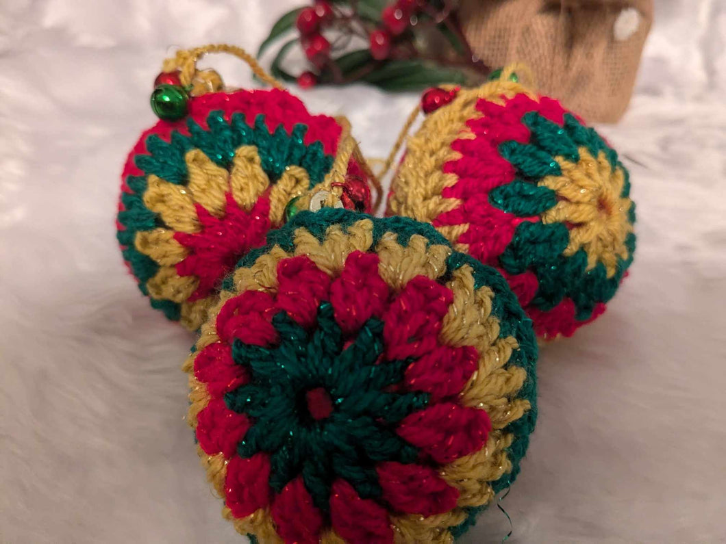 Hand crochet Christmas baubles, tree decoration x 3 red, green and gold, sparkle +bells