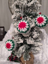 Load image into Gallery viewer, Hand crochet Christmas baubles, tree decoration x 3 red, green and white, sparkle +bells