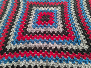 Hand crochet granny square blanket Black Red Blue Grey, throw, picnic, lap, bed