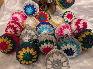 Hand crochet Christmas baubles, tree decoration x 6 picked at random, sparkle +bells