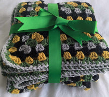 Load image into Gallery viewer, Hand crochet granny square blanket black, grey, green and mustard throw, picnic, lap, bed