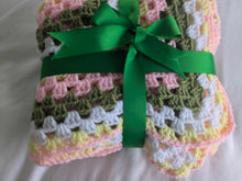 Load image into Gallery viewer, Hand crochet granny square blanket Lemon, Pink, Green and White throw, picnic, lap, bed