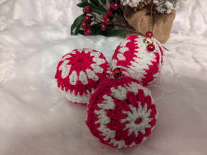 Hand crochet Christmas baubles, tree decoration x 3 red and white, sparkle +bells