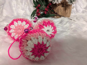 Hand crochet Christmas baubles, tree decoration x 3 pink and white, sparkle +bells