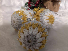 Load image into Gallery viewer, Hand crochet Christmas baubles, tree decoration x 3 Gold, Silver and white, sparkle +bells