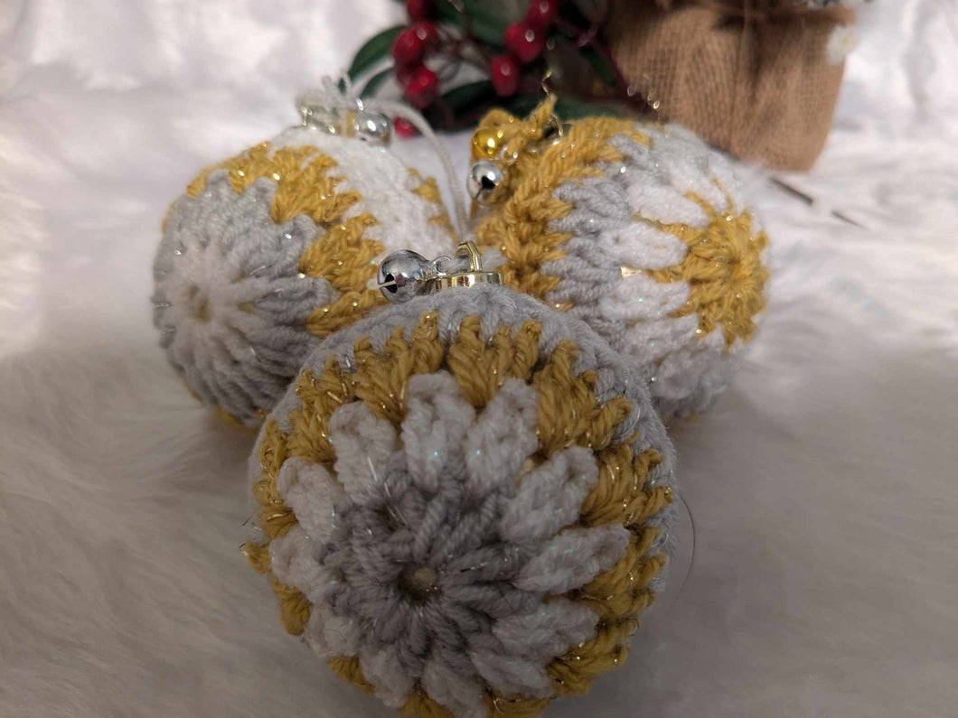 Hand crochet Christmas baubles, tree decoration x 3 Gold, Silver and white, sparkle +bells