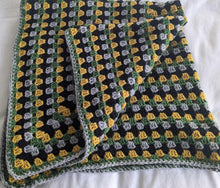 Load image into Gallery viewer, Hand crochet granny square blanket black, grey, green and mustard throw, picnic, lap, bed