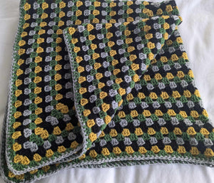 Hand crochet granny square blanket black, grey, green and mustard throw, picnic, lap, bed