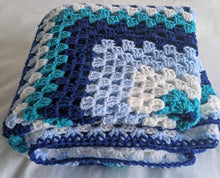 Load image into Gallery viewer, Hand crochet granny square blanketBlue &amp; White throw, picnic, lap, bed