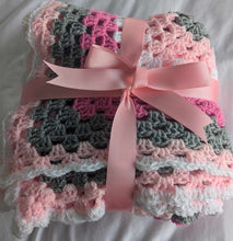 Load image into Gallery viewer, Hand crochet granny square blanket Pink, White and Grey throw, picnic, lap, bed