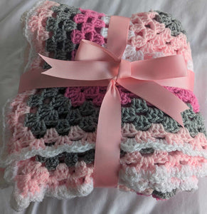 Hand crochet granny square blanket Pink, White and Grey throw, picnic, lap, bed