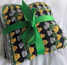 Load image into Gallery viewer, Hand crochet granny square blanket black, grey, green and mustard throw, picnic, lap, bed