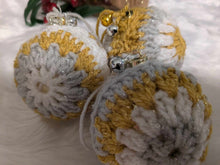 Load image into Gallery viewer, Hand crochet Christmas baubles, tree decoration x 3 Gold, Silver and white, sparkle +bells