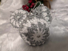 Load image into Gallery viewer, Hand crochet Christmas baubles, tree decoration x 3 silver and white, sparkle +bells (Copy)