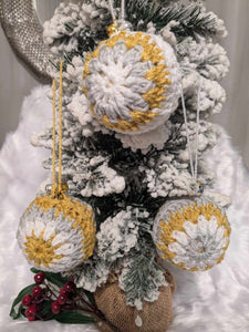 Hand crochet Christmas baubles, tree decoration x 3 Gold, Silver and white, sparkle +bells