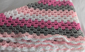 Hand crochet granny square blanket Pink, White and Grey throw, picnic, lap, bed