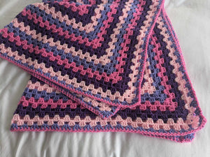 Hand crochet granny square blanket Pink & Purple,, throw, picnic, lap, bed