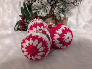 Hand crochet Christmas baubles, tree decoration x 3 red and white, sparkle +bells