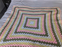 Load image into Gallery viewer, Hand crochet granny square blanket Lemon, Pink, Green and White throw, picnic, lap, bed